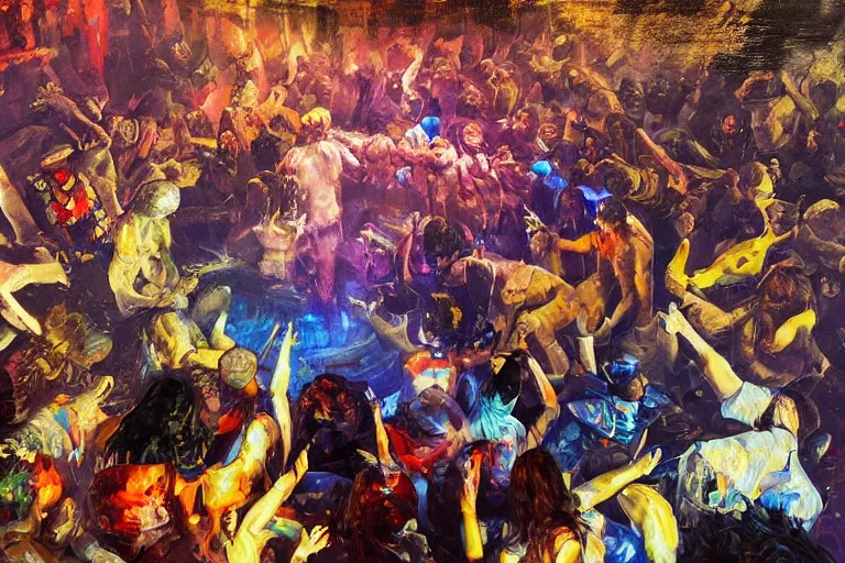 Image similar to palette knife oil painting of a crowd of clubbers surrounding two supernatural fighters in a concave circular fighting pit. concrete, psychedelic lighting, extreme detail, artstation trending, artgerm, any racial background, deviant art, octane, substance, art history 8 k