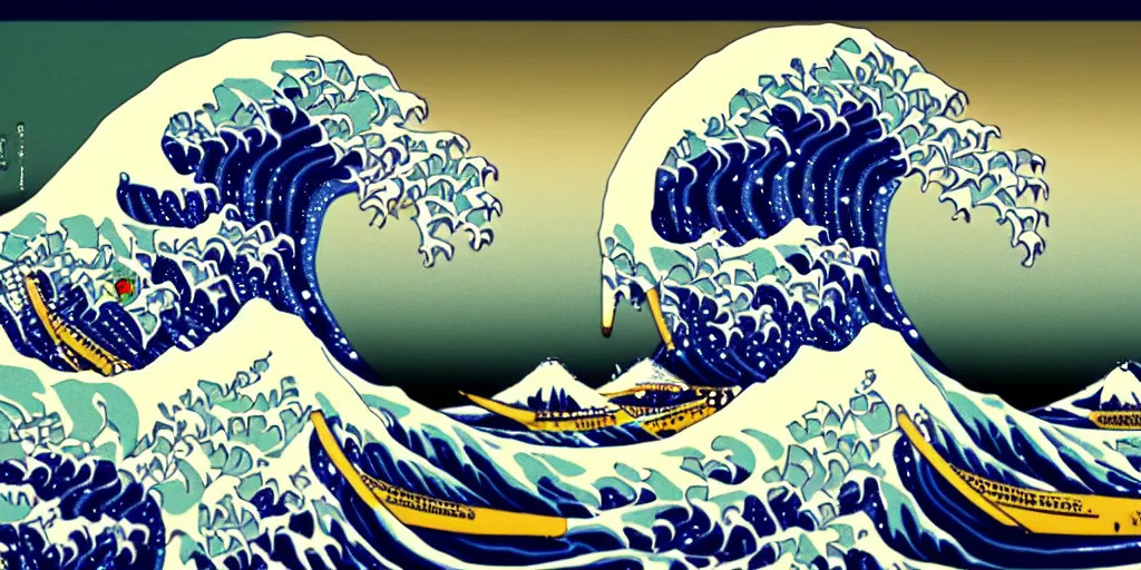 Image similar to The Great Wave off Kanagawa by GMUNK, Pi-Slices and Kidmograph, psychedelic version