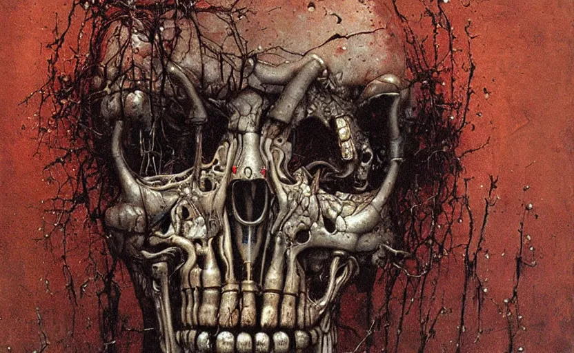 Prompt: terminator endoskeleton crying by beksinski