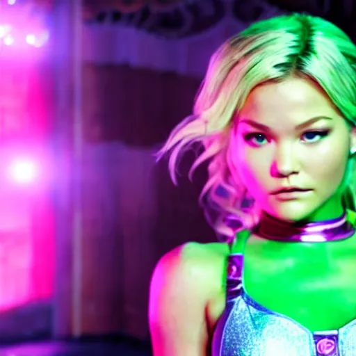 Image similar to cinematic scene with olivia holt as jolyne from jojo's bizarre adventure, live action film, stone ocean, dramatic, small details, volumetric lighting, still frame