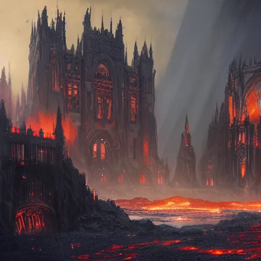 Prompt: an obsidian gothic cathedral with a bridge leading to the giant obsidian door, in the elemental plane of fire, with rivers of lava surrounding it, Dungeon and Dragon illustration, painted by Greg Rutkowski, 4k, trending on ArtStation