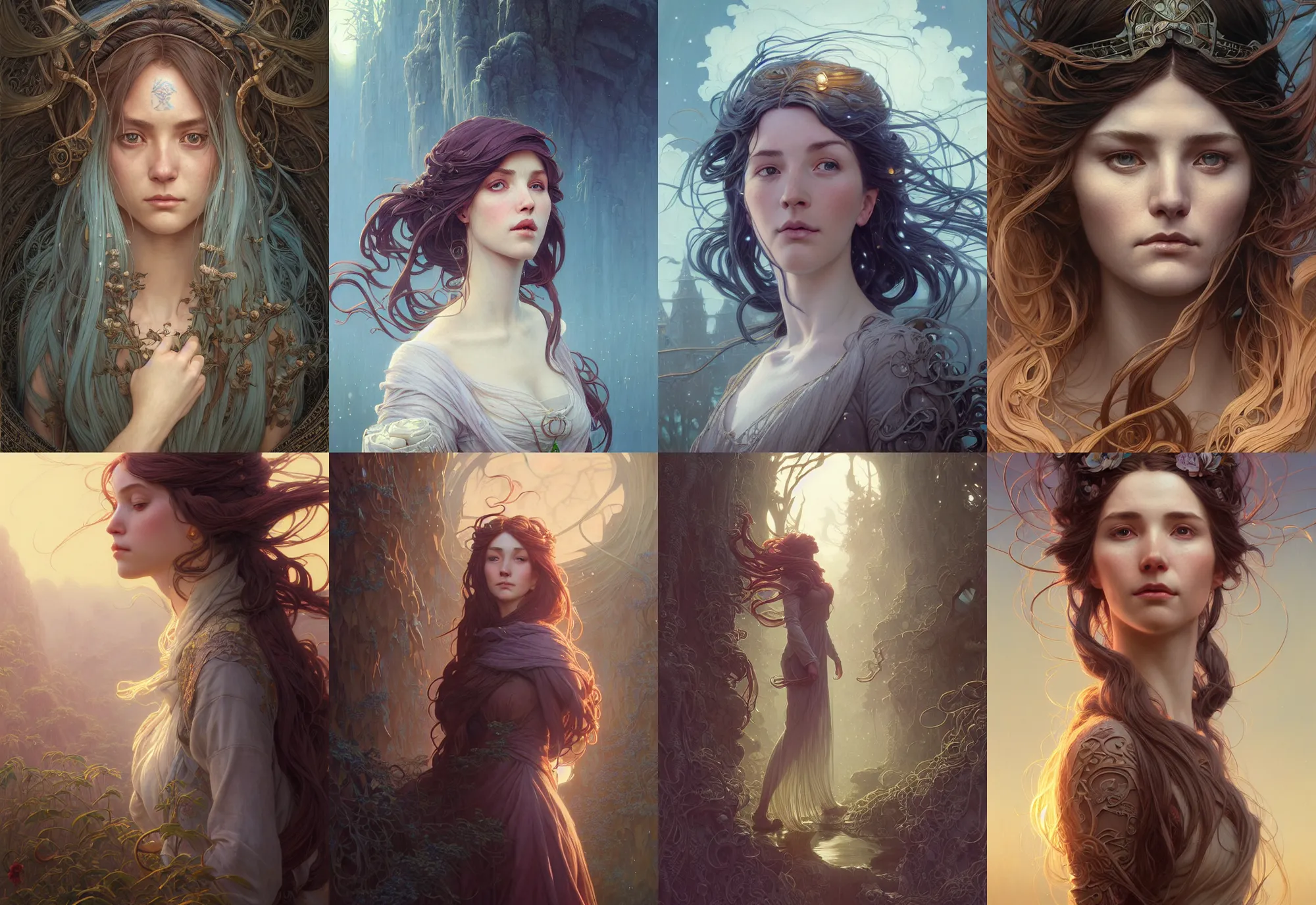 Image similar to highly detailed portrait of a woman with long hairs, stephen bliss, unreal engine, fantasy art by greg rutkowski, art nouveau, loish, rhads, ferdinand knab, makoto shinkai and lois van baarle, ilya kuvshinov, rossdraws, tom bagshaw, alphonse mucha, global illumination, radiant light, detailed and intricate environment