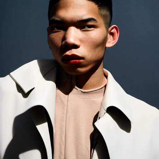 Image similar to realistic! photoshoot for a new balenciaga lookbook, color film photography, portrait of a beautiful asian model, photo in style of tyler mitchell, 35mm