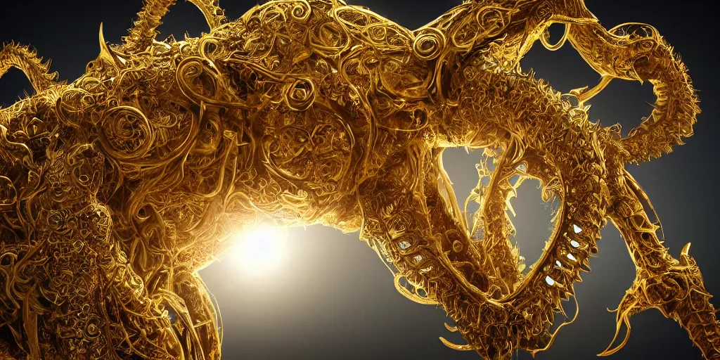 Image similar to a photo of 8k ultra realistic corrupted lovecraftian golden horse, 8 intricate white and gold tentacles, ornate white and gold armour, cinematic lighting, trending on artstation, 4k, hyperrealistic, focused, extreme details, unreal engine 5, cinematic, masterpiece