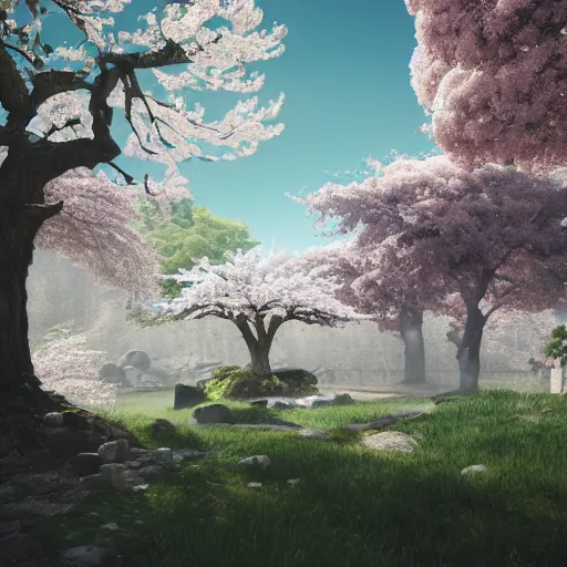 Image similar to Temple under Sakura Trees, photorealistic, hyper detailed, 8k, beautiful artwork, fantastic landscape, magical fairy landscape, volumetric lighting, octane render