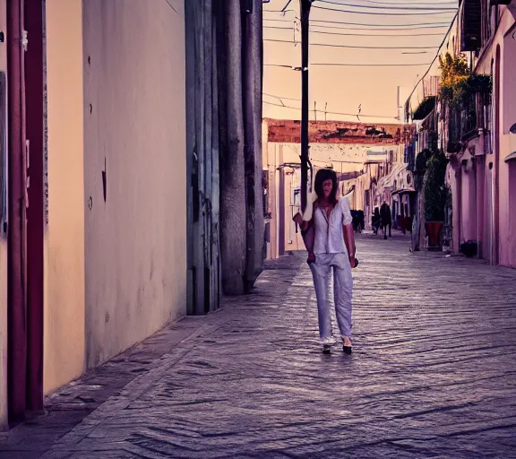 Image similar to photo of lido di ostia streets, lazio, cinematic color grading, various poses, soft light, faded colors, well framed, sharp focus, 8 k