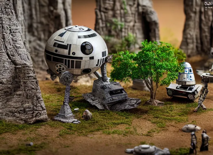 Image similar to a detailed photo of a realistic diorama with star wars toys, macro photography, zoom, model trees, table