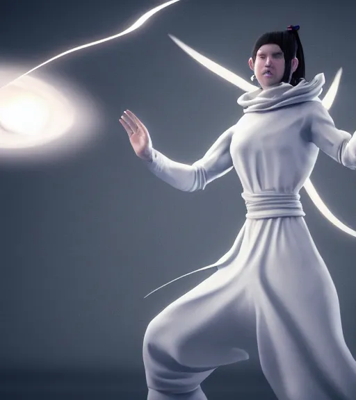 Prompt: a female monk dressed in white tapered clothes controlling the spirits around her, octane render, character art, fighting pose, action pose, digital art, trending on artstation, 8k, epic composition, highly detailed, sharp focus