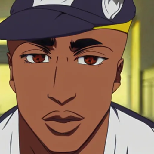 Image similar to Tupac Shakur, screenshot from a 2012s anime