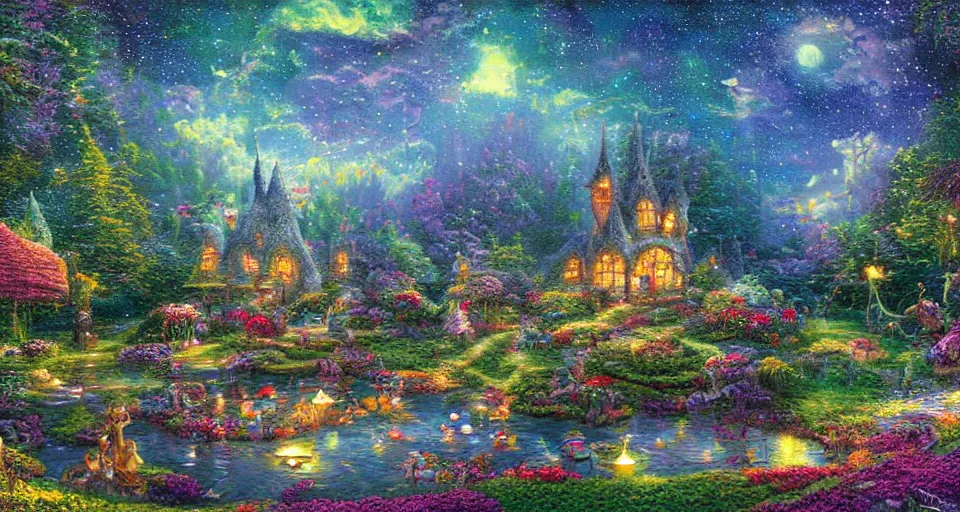 Prompt: a whimsical fairyland with a pond, starry sky, ambient lighting, fantasy art, thomas kinkade style art