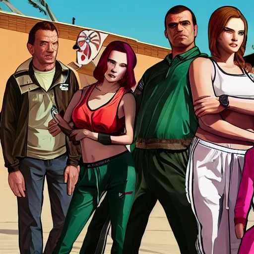 Prompt: A GTA 5 game loading screen featuring A Pterodactyl, Freddy Jrueger, a redhead Waifu, CHAPPIE in an Adidas track suit, and a TVR Sagaris