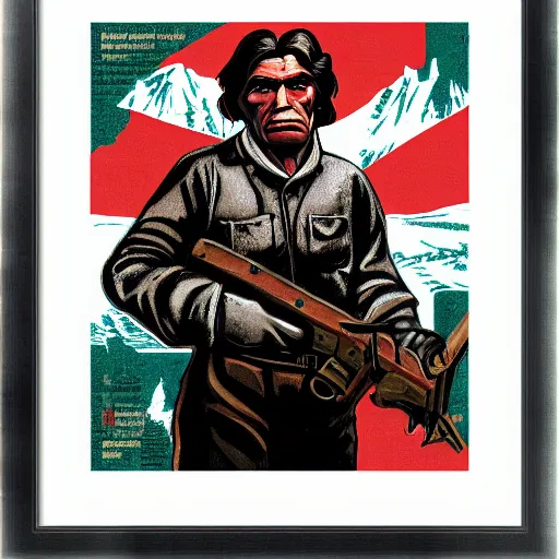 Image similar to saint homo neanderthalis, portrait, propaganda poster, with book of science on his right hand, and riffle, pop art, gta chinatown wars art style, bioshock infinite art style, hyperrealistic, two colors, white frame border, 4 k, uhd, remove duplicate content, align left content.