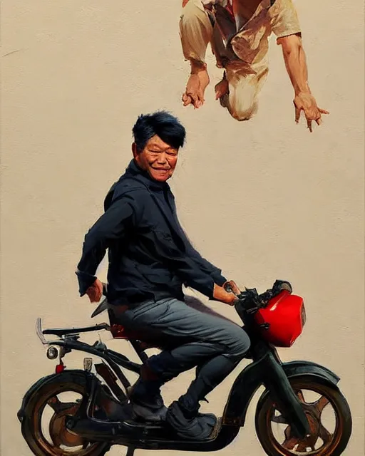 Image similar to greg manchess portrait painting of asian middle age man on moped motorbike burning, medium shot, asymmetrical, profile picture, organic painting, sunny day, matte painting, bold shapes, hard edges, street art, trending on artstation, by huang guangjian and ail elvgren and sachin teng