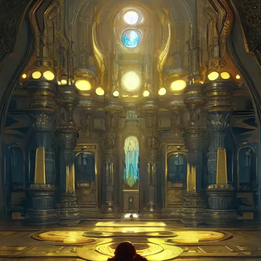 Image similar to a background matte painting for a scifi religious room with chambers of bubbling liquid gold intricate digital painting artstation concept art smooth sharp focus illustration, art by artgerm and greg rutkowski and alphonse mucha