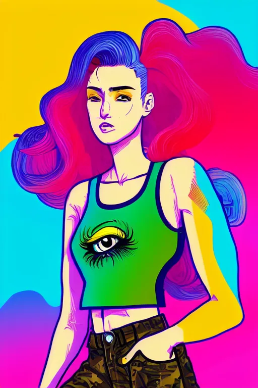 Image similar to a award winning half body portrait of a beautiful woman with stunning eyes in a printed croptop and cargo pants with rainbow colored ombre hairstyle head in motion and hair flying by josan gonzales, outrun, vaporware, shaded flat illustration, digital art, trending on artstation, highly detailed, fine detail, intricate