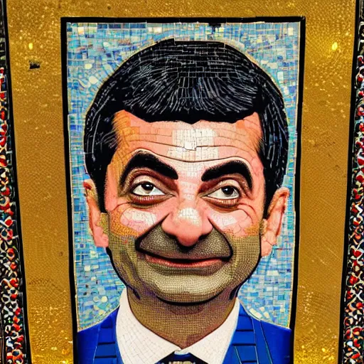 Image similar to a highly detailed ornate and intricate Persian mosaic of Mr. Bean!, gold and cobalt tiles