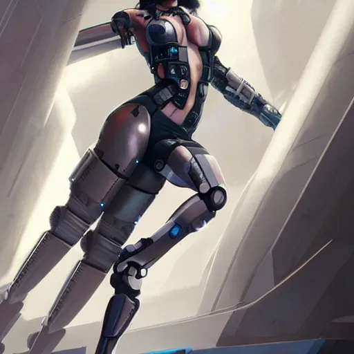 Image similar to gina carano with robotic cybernetic metallic grey left arm, casual pose, cyberpunk, digital painting, artstation, concept art, smooth, 8 k frostbite 3 engine, ultra detailed, art by artgerm and greg rutkowski and magali villeneuve