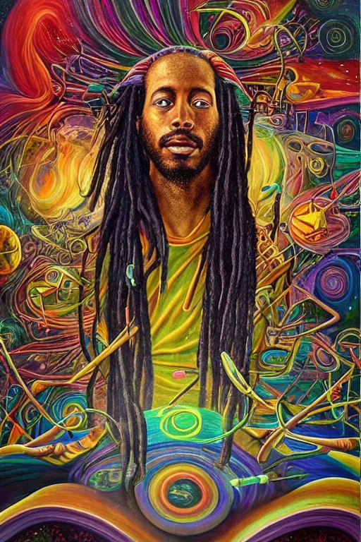 Image similar to a high hyper detailed painting with many complex textures of man with long dreadlocks making music in the cosmos, cosmic surreal psychedelic magic realism spiritual ufo art