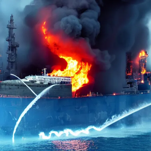 Prompt: big oil tanker on fire, smoke, night, emergency, blue water, cyberpunk, high detail