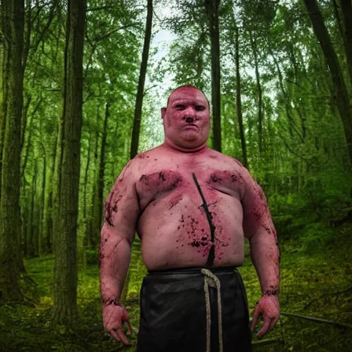 Image similar to big butcher man posing scarily, earie setting, in a forest, horror, hyperdetailed