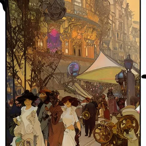 Prompt: a beautiful picture of a magical market in steampunk Paris by Alphonse Mucha, vintage color scheme, trending on Artstation