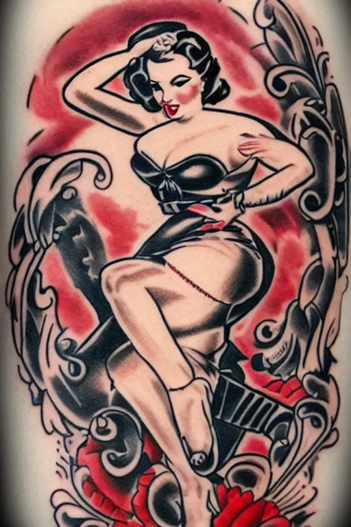 Image similar to traditional American tattoo of a pinup girl, pinup model, WWII style, tattoo by David Corden