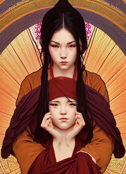 Image similar to A beautiful female monk, highly detailed, digital painting, smooth, sharp focus, symmetrical tarot illustration, art by artgerm and alphonse mucha, high definition digital art, in the style of Ross tran and ilya kuvshinov