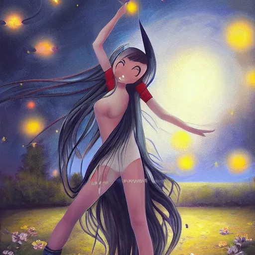 Prompt: oil painting of a long hair anime lady ELF dancing in the moonlight l Trending on Pixiv