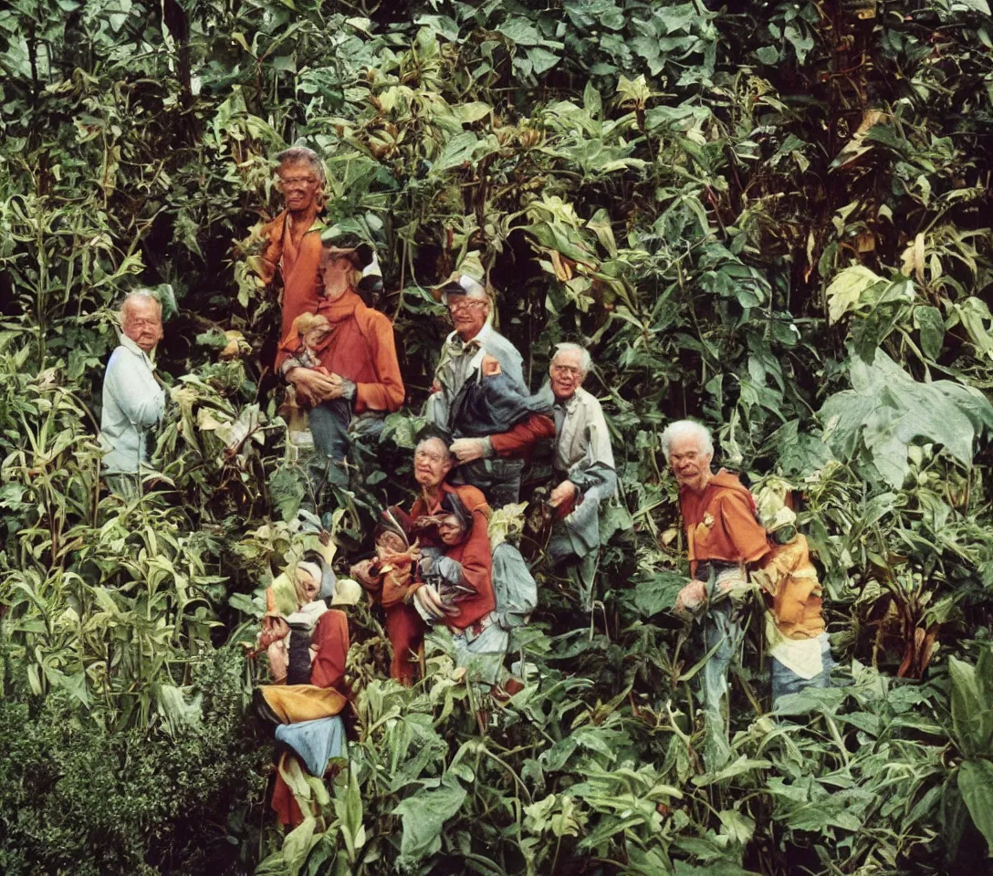 Image similar to a 3 5 mm photography, kodachrome of grandparents with strange creatures and alien plants inspired by bosch but in the real life, photos taken by martin parr