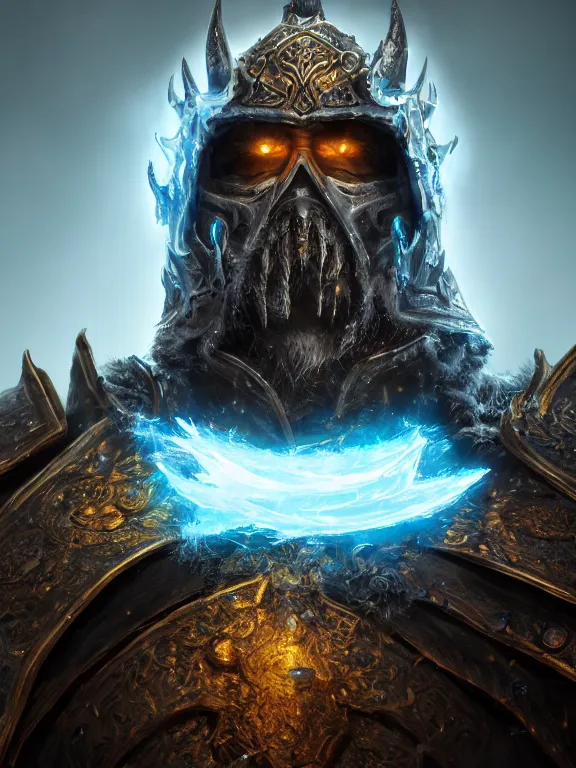 Prompt: portrait art of lich king 8k ultra realistic , lens flare, atmosphere, glow, detailed,intricate, full of colour, cinematic lighting, trending on artstation, 4k, hyperrealistic, focused, extreme details,unreal engine 5, cinematic, masterpiece