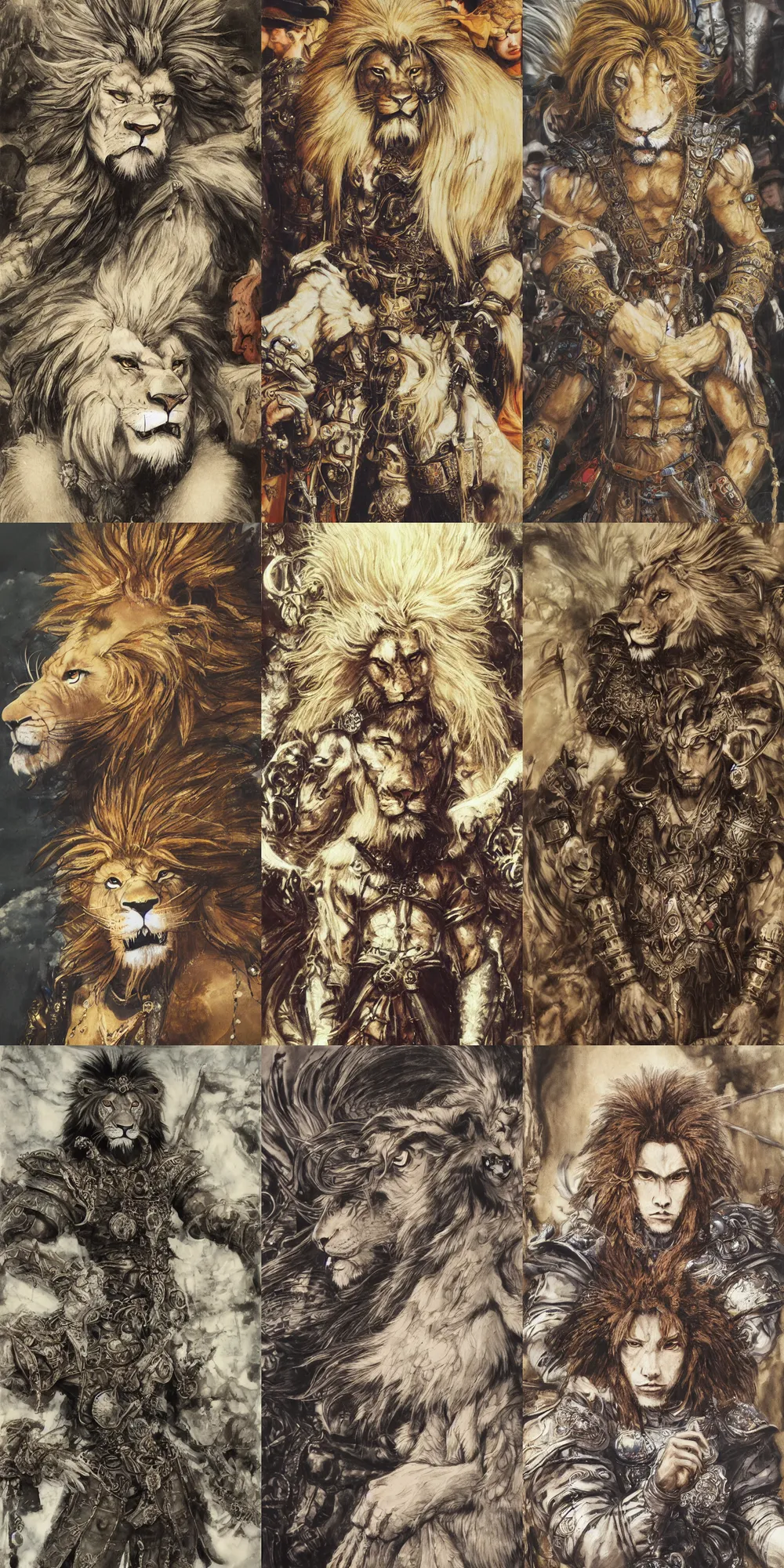 Image similar to 8 k yoshitaka amano painting of upper body of a young cool looking lion beastman with white mane at a medieval market at windy day. depth of field. he is wearing complex fantasy clothing. he has huge paws. renaissance style lighting.