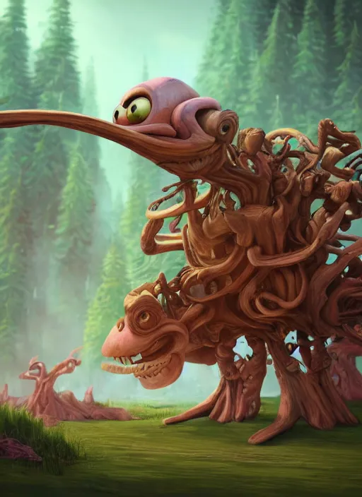 Image similar to a wood carved alien car on a cotton candy forest, art style by pixar dreamworks warner bros disney riot games arcane and overwatch, au naturel, hyper detailed, digital art, trending in artstation, cinematic lighting, studio quality, smooth render, unreal engine 5 rendered, octane rendered