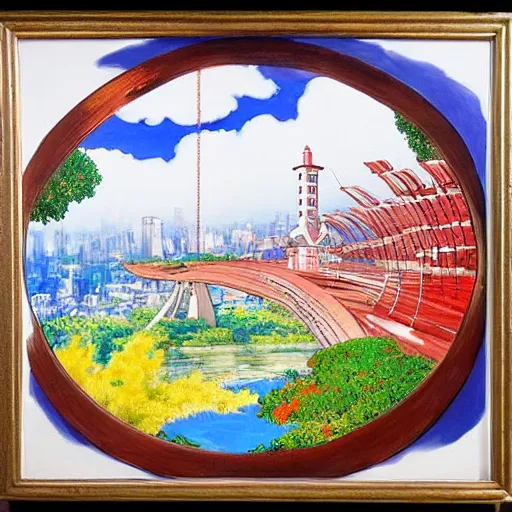 Image similar to a painting of a huge city with a circular bridge around a big red mansion and a huge world tree at the top of a mountain by hayao miyazaki