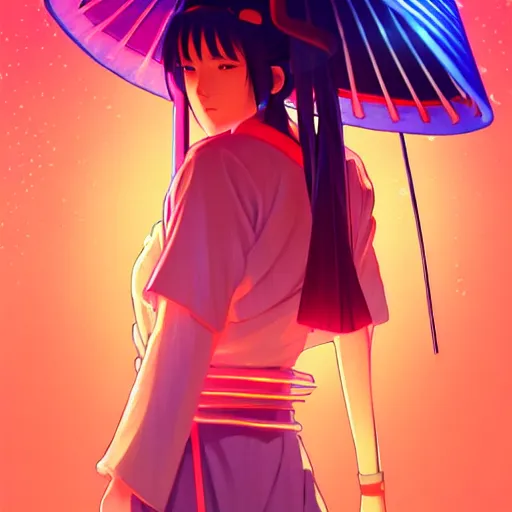 Image similar to Beautiful female samurai, with straw hat, rainy night, neon glow concept art, sharp focus, intricate, digital painting, artstation, official media, anime key visual, highly detailed, rich vivid colors ambient lighting, illustration, art by Artgerm, Makoto Shinkai, Ilya Kuvshinov, Lois Van Baarle and Rossdraws