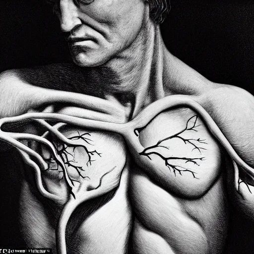 Prompt: A man looking down at a heart-shaped cavernous hole in his chest surrounded by veins and organs, hyperdetailed, hyperrealism, moody, gloomy