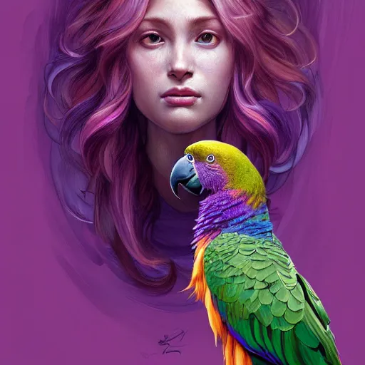 Image similar to portrait of a purple parrot, upper body, long hair, intricate, elegant, highly detailed, digital painting, artstation, concept art, matte, sharp focus, illustration, art by artgerm and greg rutkowski and alphonse mucha