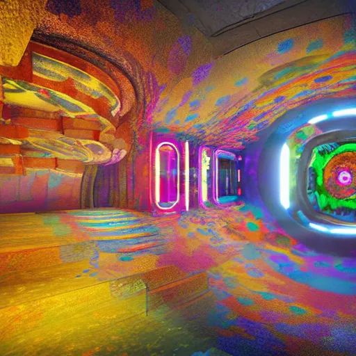 Image similar to underground cinema, realistic architecture, colorfull lights, octane render, 4k, 8k, fractals, psychedelic