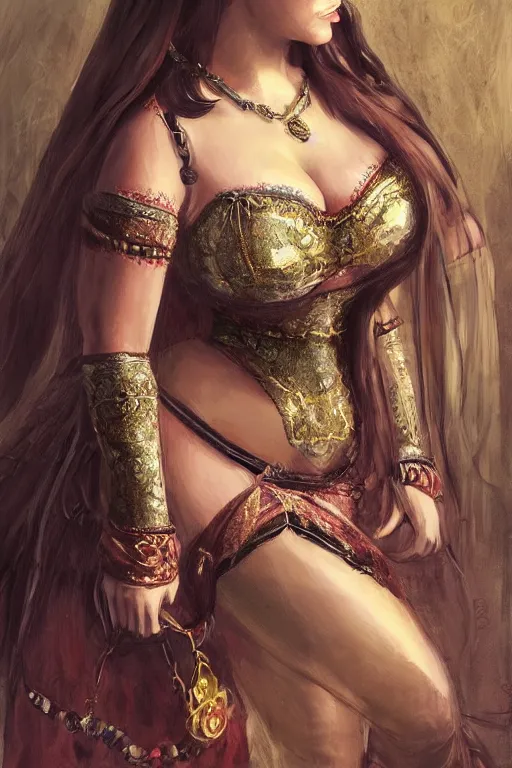 Prompt: close up of a beautiful voluptuous arabian maid servant with long hair and insanely curvy hourglass figure, wearing medieval dress and jewelry, sultan palace, beautiful painting by artgerm and deviantart, hyper realistic