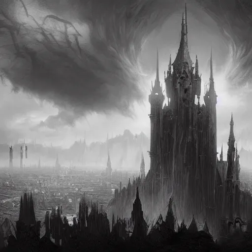 Image similar to an ultra detailed black and white matte painting of a lonely and impossibly tall ominous gothic dark citadel tower of the evil patriarch, in the style of magic the gathering, in a river elevated high above the city, flintlock fantasy capital city, ultrawide lense, aerial photography, scary thunderstorm, exquisite detail, 8 k, art by greg rutkowski and alphonse mucha