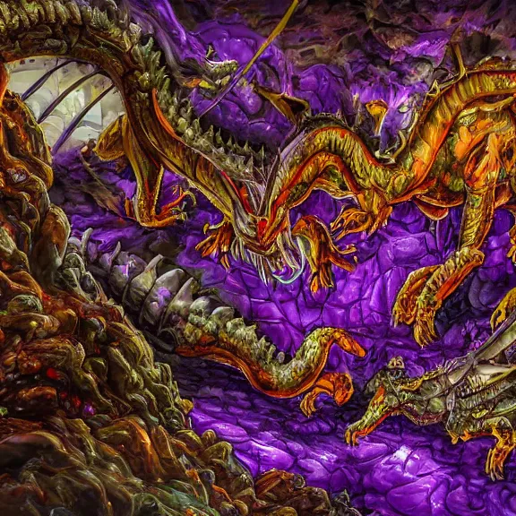 Image similar to detailed shot of inside a cavernous living stomach of a giant mecha dragon, the walls purple and pulsing, slimy and hot, lots of acid pooling up on the floor, digesting humans that ended up inside, swallowed by the dragon, food pov, micro pov, vore, digital art, furry art, high quality, 8k 3D realistic, macro art, micro art, Furaffinity, Deviantart, Eka's Portal, G6