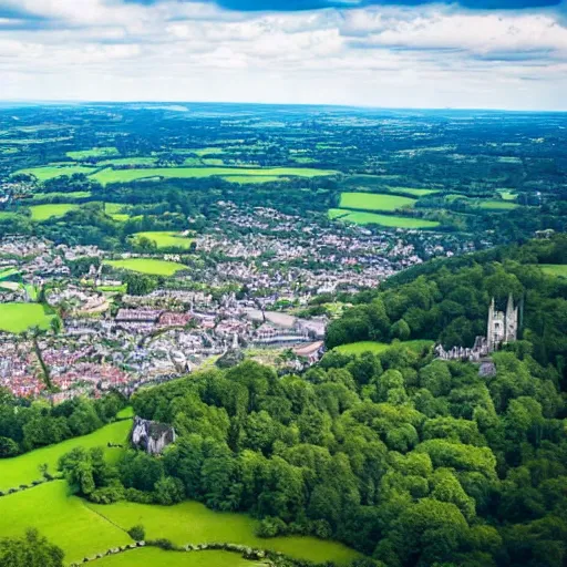 Prompt: beautiful aerial view of a small british town surrounded by a forest