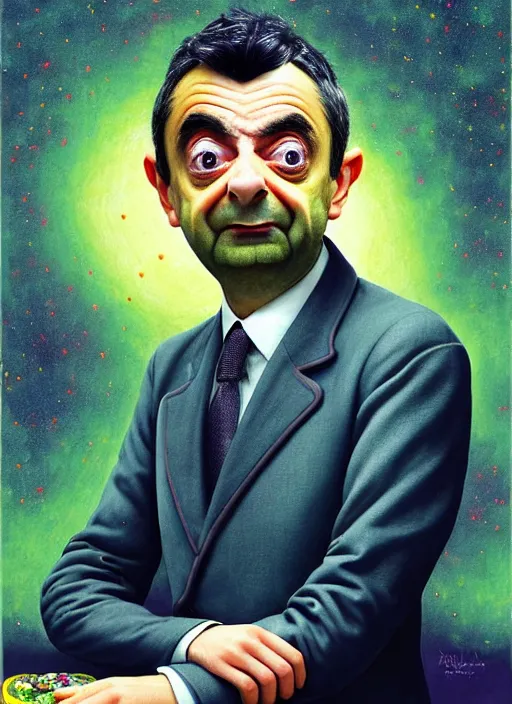 Image similar to hyper detailed 3d render like a Oil painting muted colors - slightly silly portrait of Rowan Atkinson as Mr. Bean in Aurora seen Eating of the Strangling network of yellowcake aerochrome and milky Fruit and Her delicate Hands hold of gossamer polyp blossoms bring iridescent fungal flowers whose spores black the foolish stars by Jacek Yerka, Mariusz Lewandowski, Houdini algorithmic generative render, Abstract brush strokes, Masterpiece, Edward Hopper and James Gilleard, Zdzislaw Beksinski, Nicoletta Ceccoli, Wolfgang Lettl, hints of Yayoi Kasuma, octane render, 8k