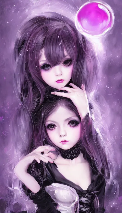 Prompt: gothic lolita girl portrait, dreamy and ethereal, expressive pose, big eyes, tender expression, exciting, fantasy, intricate, elegant, many rainbow bubbles, pink tones, purple, black very detailed, digital painting, artstation, concept art, cyberpunk wearing, soft, sharp focus, illustration, art by artgerm and greg rutkowskiand alphonse much