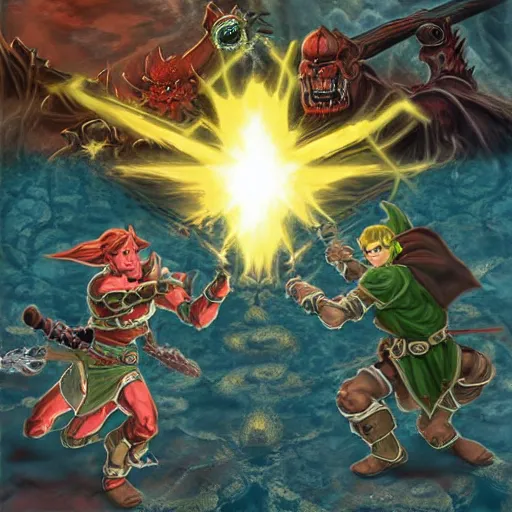 Prompt: link and ganon battle in hell in the style of doom eternal ed binkley