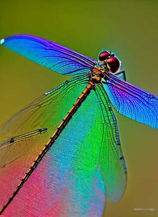 Prompt: dragonfly rainbow wing, natural light, photography, 300mm,high detail