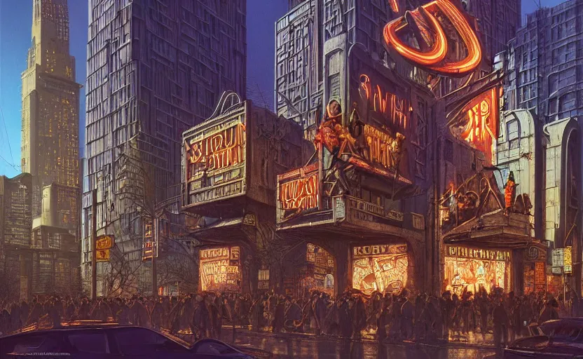 Prompt: a brutalist streetcorner environment, large crowd, filigreed, elaborate, ornate, glass panes, billboards, glowing lights, art deco, dramatic lighting, photorealism, unreal engine, art by michael whelan and chris moore and howard david johnson and tim white and dan giancola