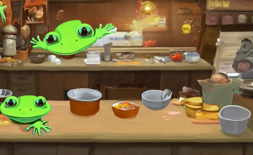 Image similar to ps 5 game about a cute frog chef making soup in oregon, unity screenshot,