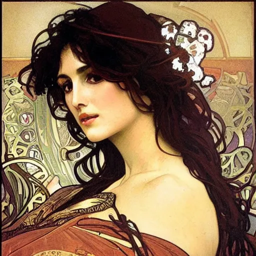 Prompt: portrait of Monica Bellucci by Alphonse mucha. Highly detailed.