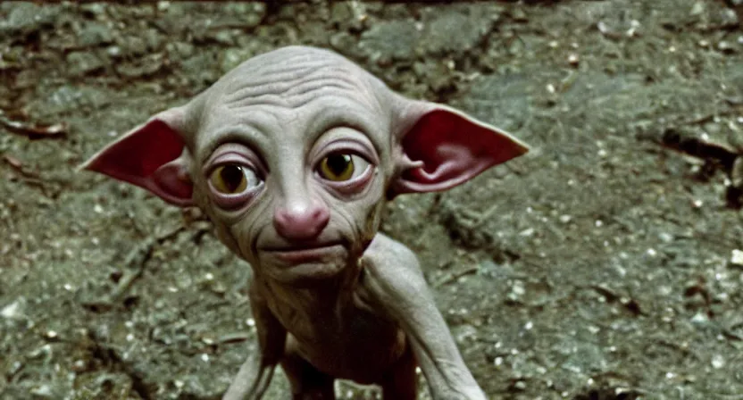 Prompt: A singular creature mix between Dobby and Gollum, green skin, center frame medium shot, shot on technicolor cinemascope 35mm anamorphic lense, flare, film grain, still from a 1980's movie