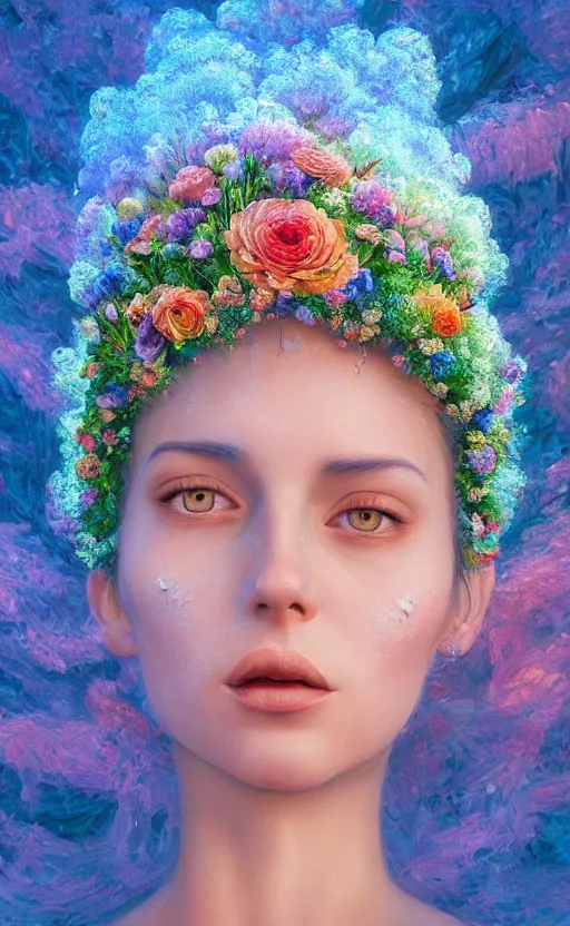 Image similar to a beautiful oil painting hyperrealism of a beautiful woman, flowers, floral headdress, 8 k resolution, octane render, trending on artstation, by gediminas pranckevicius, volumetric light 2 blue fractal thunder glow by dan mumford, anaglyph effect, laurie lipton